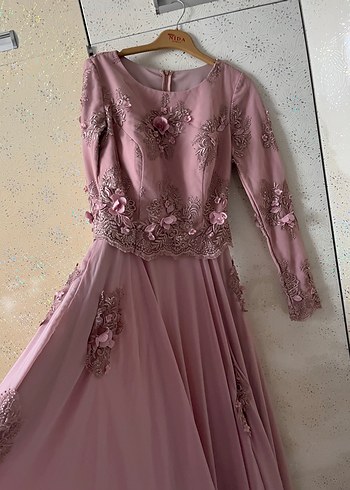 Pembe Nakışlı Uzun Kollu Uzun Abiye bir defa giyildi - Görsel 4