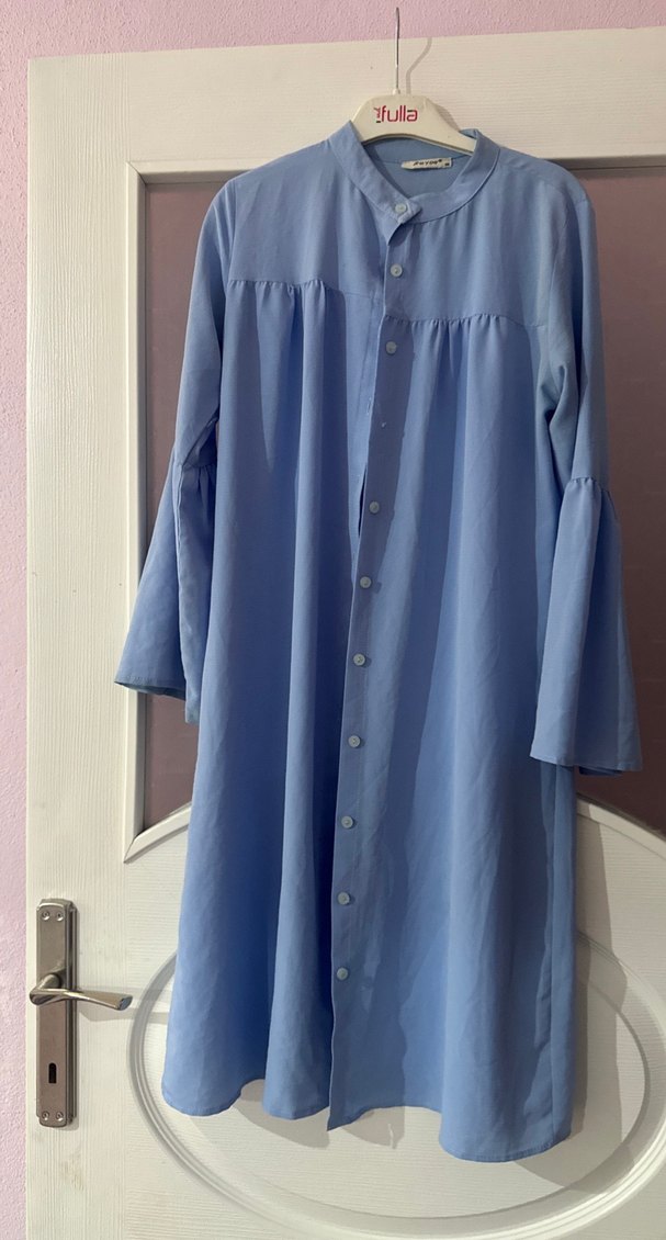 Mavi Düğmeli Uzun Keten Tunik - Görsel 2