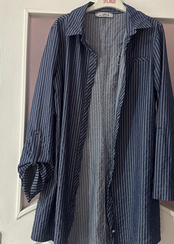 Çizgili Mavi Kadın Uzun Kollu Gömlek - Görsel 2