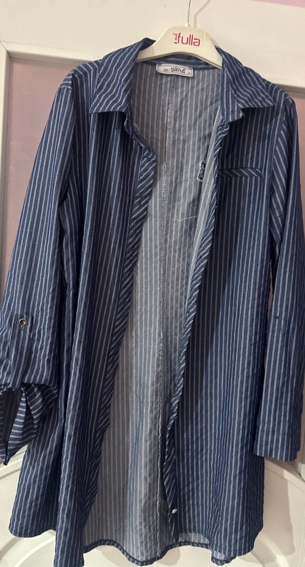 Çizgili Mavi Kadın Uzun Kollu Gömlek - Görsel 3