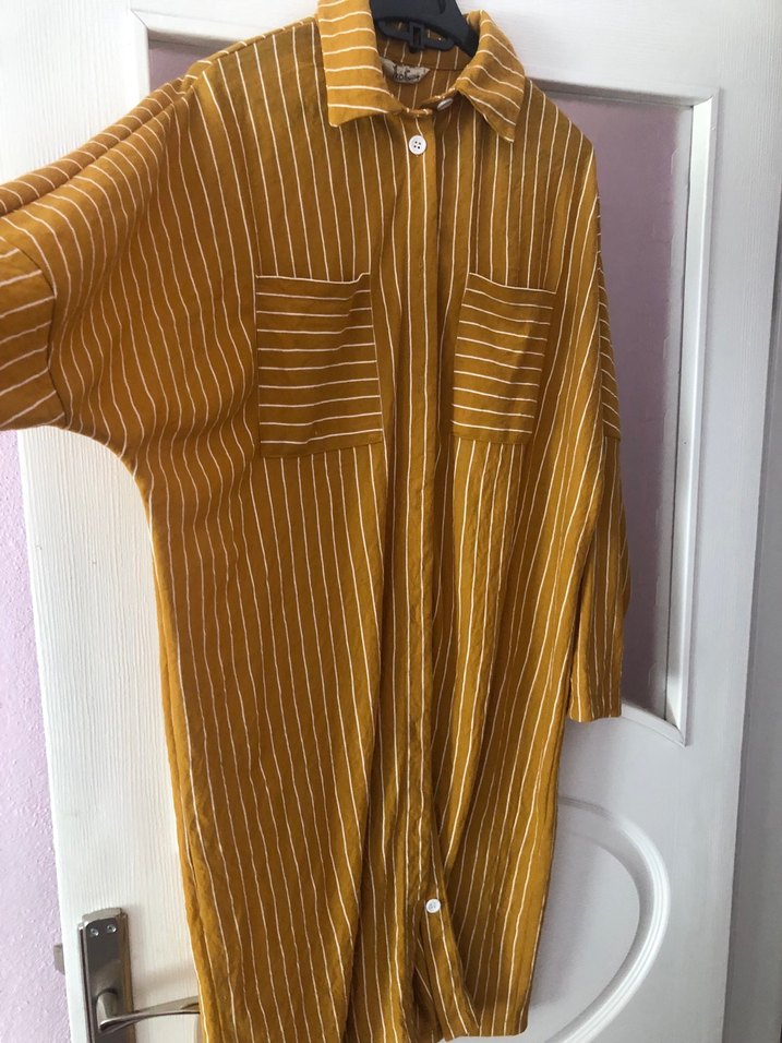 Uzun Kollu, Düğmeli Sarı Çizgili Kadın Gömlek - Görsel 2