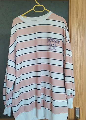 Pembe Çizgili Pamuklu Kadın Sweatshirt