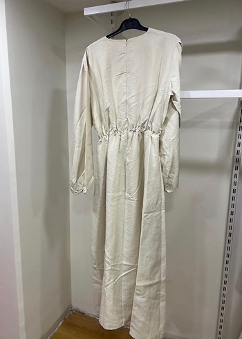 Krem Rengi Beli Pensli Uzun Keten Elbise - Görsel 3