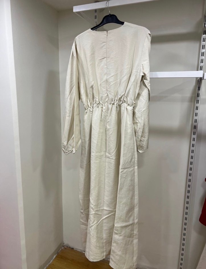 Krem Rengi Beli Pensli Uzun Keten Elbise - Görsel 3