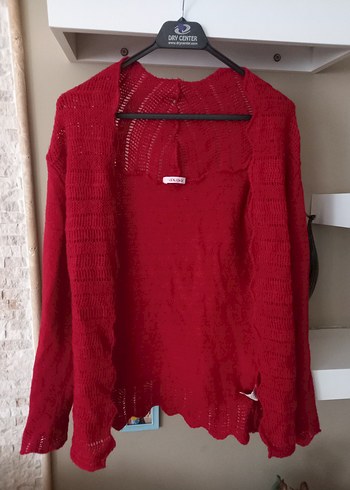 adil ışık Kırmızı V Yaka Örgü Salaş Hırka - Görsel 2