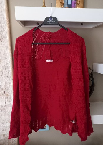 adil ışık Kırmızı V Yaka Örgü Salaş Hırka - Görsel 3