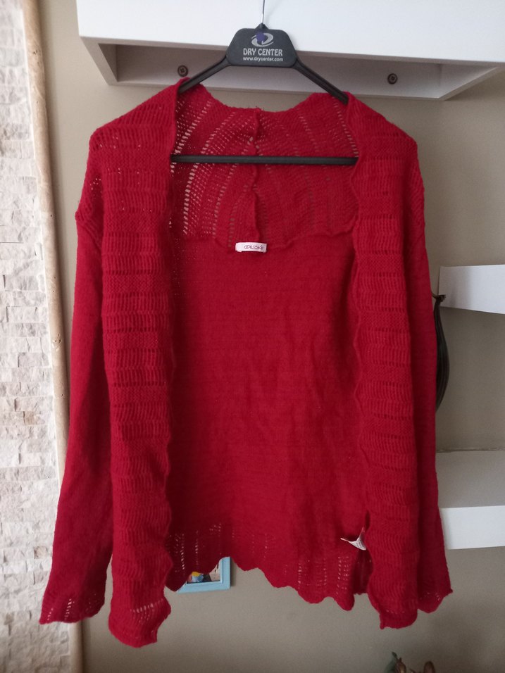 adil ışık Kırmızı V Yaka Örgü Salaş Hırka - Görsel 2