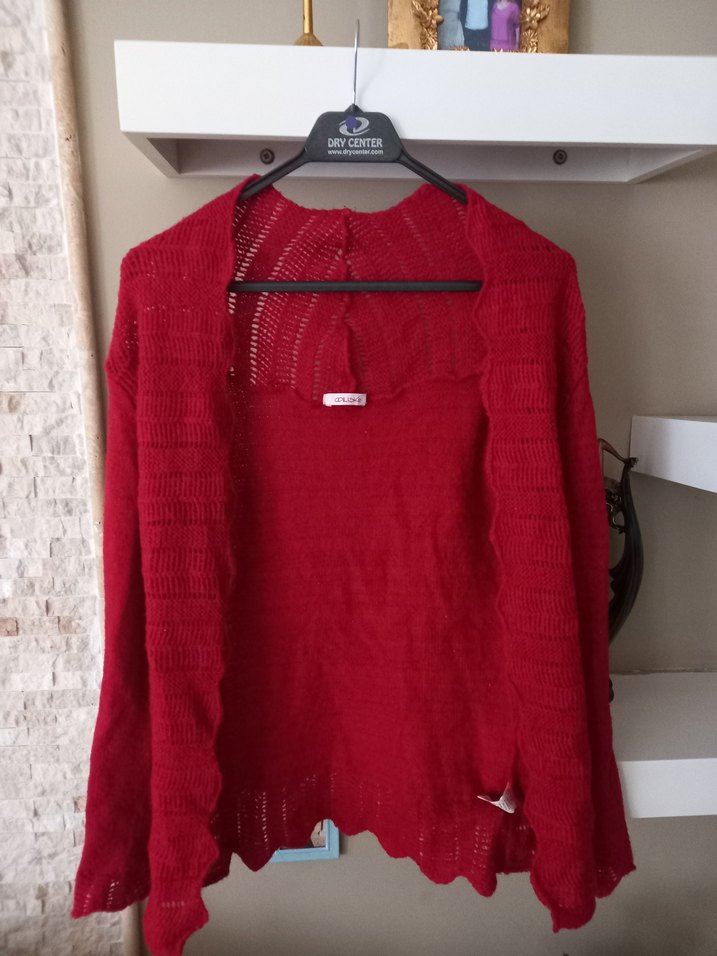 adil ışık Kırmızı V Yaka Örgü Salaş Hırka - Görsel 3