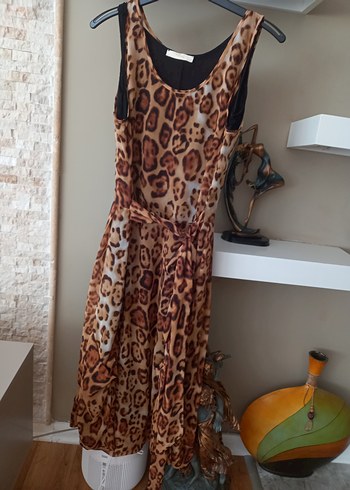 Kahverengi Leopar Desenli Uzun Bohem Elbise