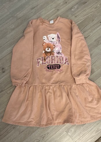 Pembe Uzun Kollu Kız Elbisesi Peluş Detaylı