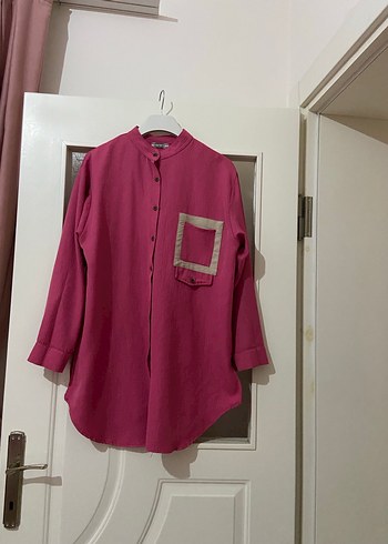 46 Beden Düğmeli Pembe Keten Kadın Gömlek