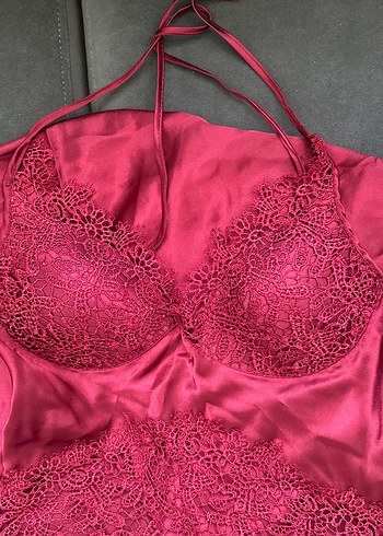 Bordo Dantel Detaylı İnce Askılı Midi Gecelik - Görsel 9