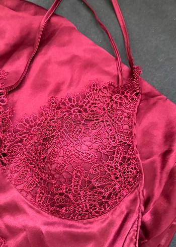 Bordo Dantel Detaylı İnce Askılı Midi Gecelik - Görsel 10