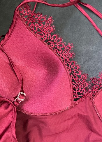 Bordo Dantel Detaylı İnce Askılı Midi Gecelik - Görsel 6