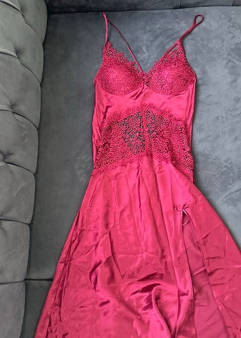 Bordo Dantel Detaylı İnce Askılı Midi Gecelik - Görsel 2