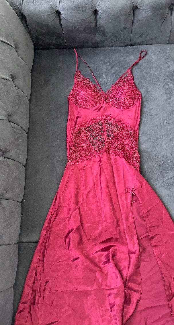 Bordo Dantel Detaylı İnce Askılı Midi Gecelik - Görsel 2