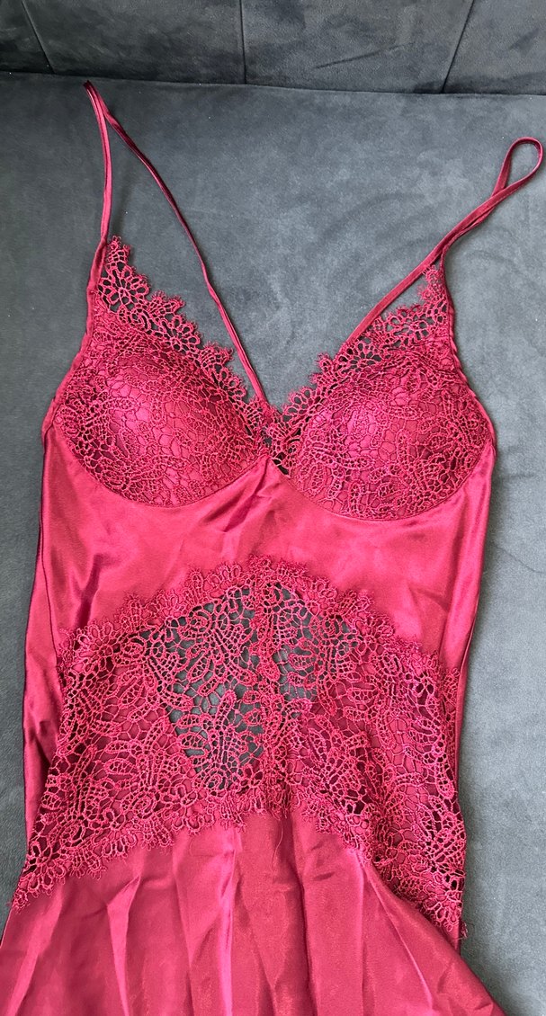 Bordo Dantel Detaylı İnce Askılı Midi Gecelik - Görsel 4