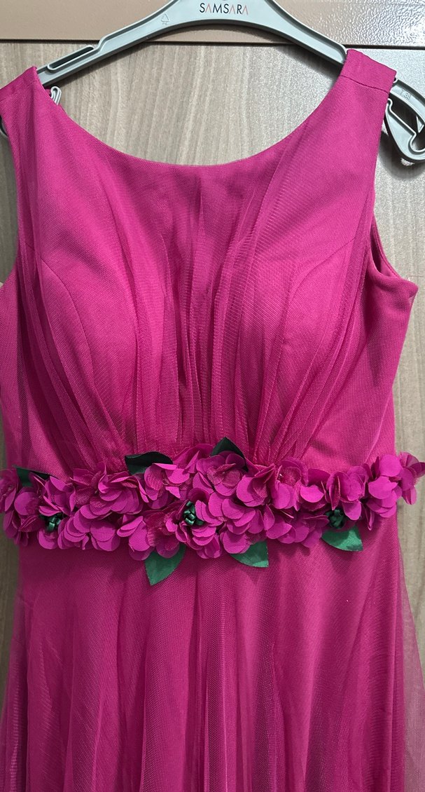 Fulya Uzun Drapeli Çiçek Detaylı Abiye Elbise - Görsel 2