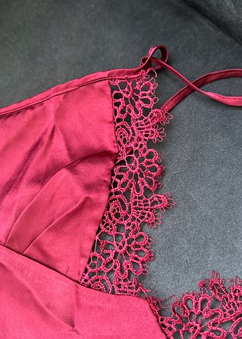 Parlak  bordo Kadın Mini İp Askılı Pijama Takımı - Görsel 5