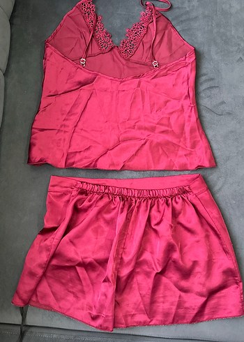 Parlak  bordo Kadın Mini İp Askılı Pijama Takımı - Görsel 8