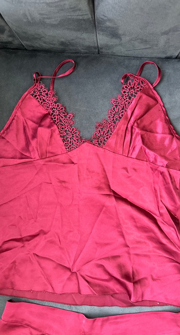 Parlak  bordo Kadın Mini İp Askılı Pijama Takımı - Görsel 4