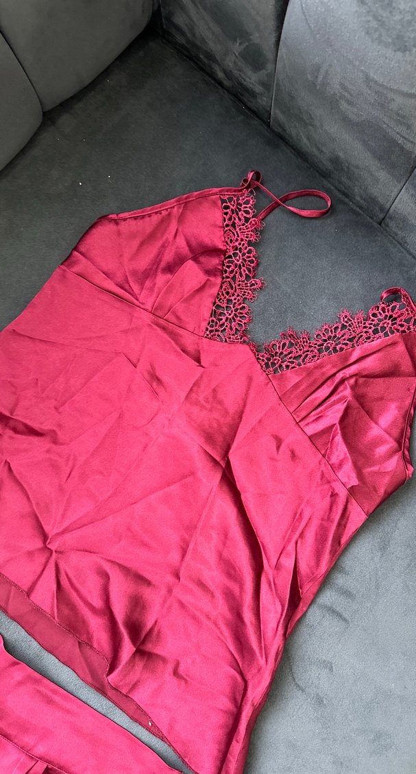 Parlak  bordo Kadın Mini İp Askılı Pijama Takımı - Görsel 3