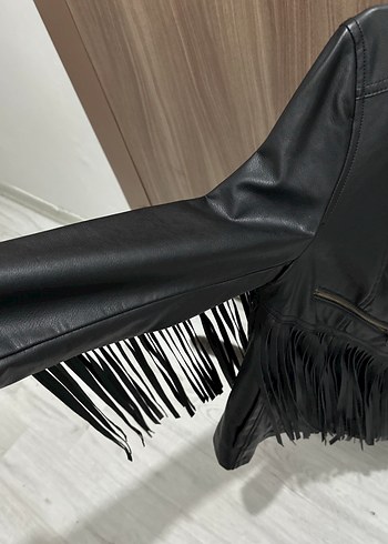 Siyah Deri Kadın Biker Ceket - Görsel 7