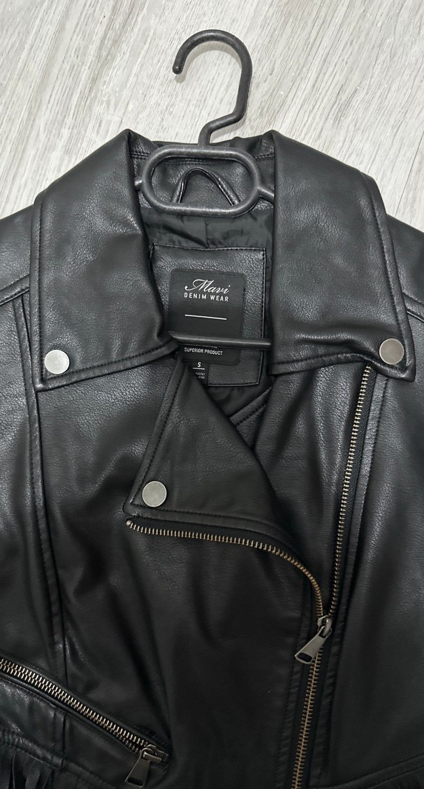 Siyah Deri Kadın Biker Ceket - Görsel 3