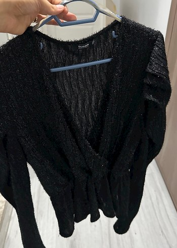 Parlak Siyah V Yakalı Uzun Kollu Bluz - Görsel 8