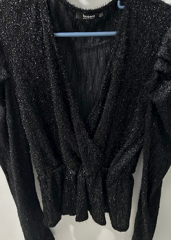 Parlak Siyah V Yakalı Uzun Kollu Bluz - Görsel 4