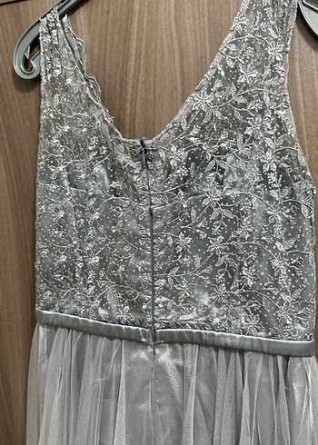 Gri Nakışlı V Yaka Uzun Abiye Elbise - Görsel 2