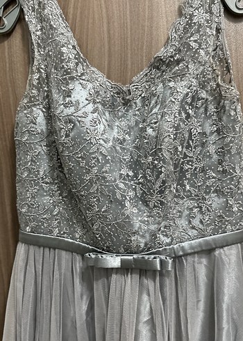 Gri Nakışlı V Yaka Uzun Abiye Elbise - Görsel 7