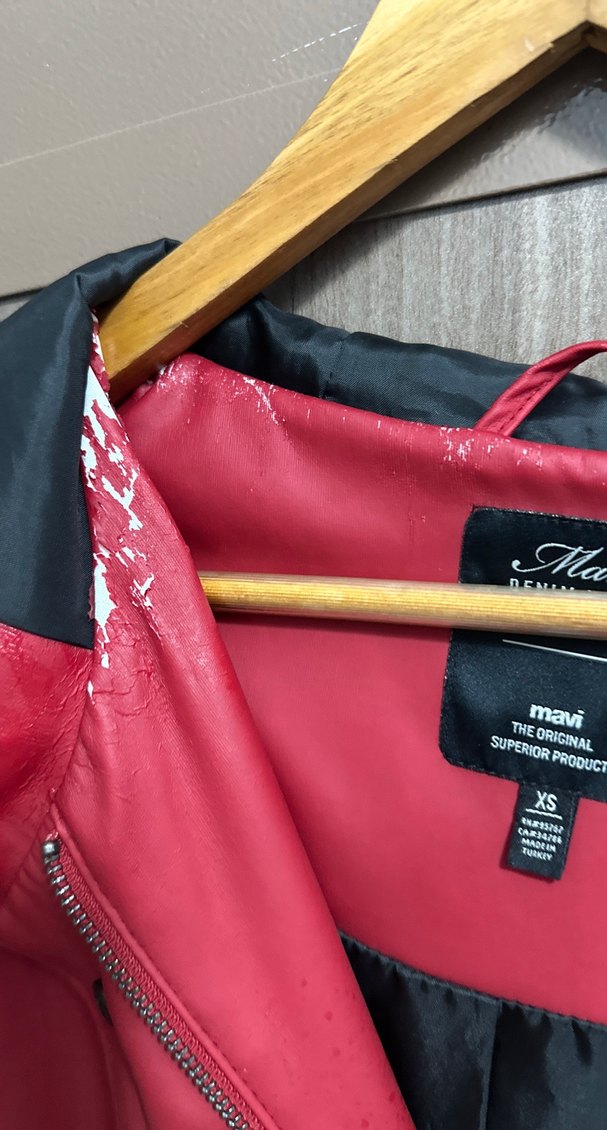 Kadın Kırmızı Deri Midi Yağmurluk - Görsel 2