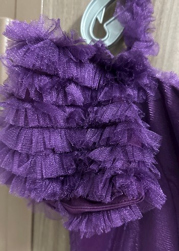 Mor Uzun Kollu Fırfırlı Abiye Elbise - Görsel 4