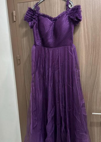 Mor Uzun Kollu Fırfırlı Abiye Elbise - Görsel 5