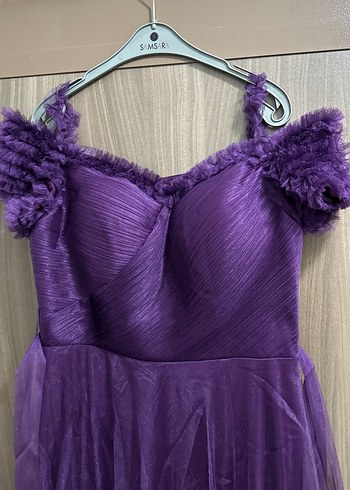 Mor Uzun Kollu Fırfırlı Abiye Elbise - Görsel 6