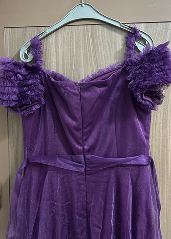 Mor Uzun Kollu Fırfırlı Abiye Elbise - Görsel 3