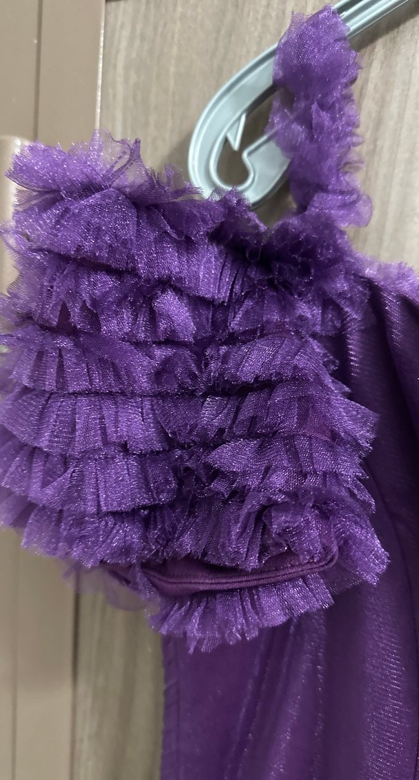 Mor Uzun Kollu Fırfırlı Abiye Elbise - Görsel 4