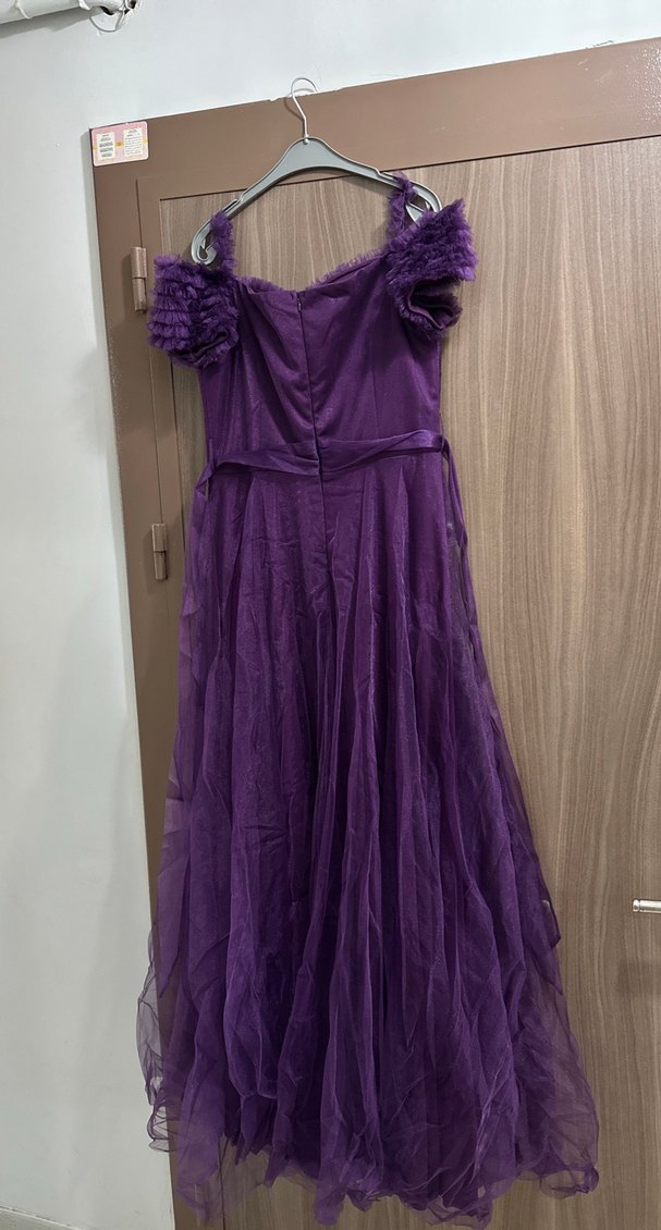 Mor Uzun Kollu Fırfırlı Abiye Elbise - Görsel 2