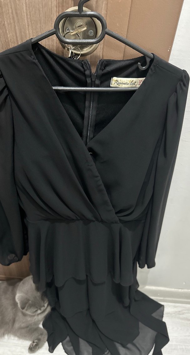 Siyah V Yaka Uzun Kollu Midi Elbise - Görsel 3