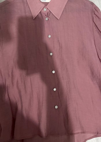 Pembe Keten Düğmeli Kadın Gömlek - Görsel 2