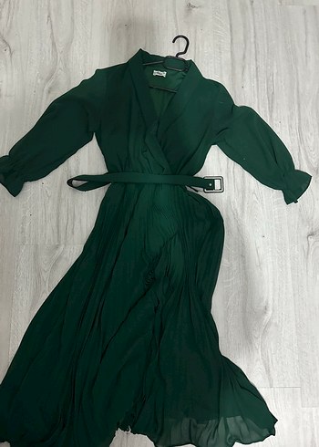 Kemerli Koyu Yeşil Uzun Elbise - Görsel 2