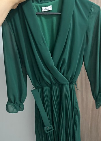 Kemerli Koyu Yeşil Uzun Elbise - Görsel 4