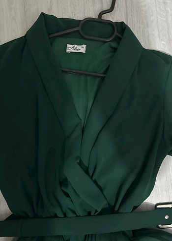 Kemerli Koyu Yeşil Uzun Elbise - Görsel 3