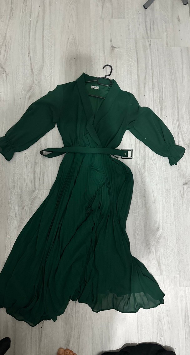 Kemerli Koyu Yeşil Uzun Elbise - Görsel 2