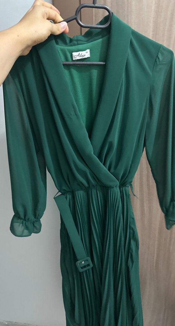 Kemerli Koyu Yeşil Uzun Elbise - Görsel 4