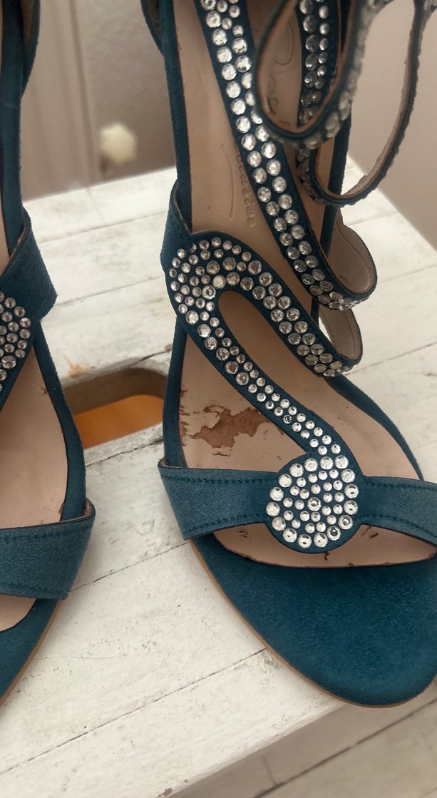 Turkuaz Parlak Yılan Desenli Süet Topuklu - Görsel 2