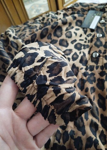 52 Beden Kahverengi Leopar Desenli Uzun Elbise