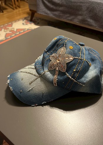  Beden mavi Renk Pul ve taş İşlemeli Mavi Denim Kadın Şapka