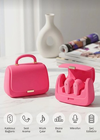 Pembe Deri Tokalı Kadın Çanta kulaklık - Görsel 2